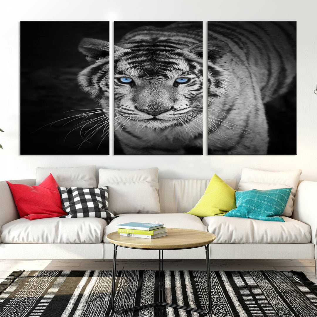 Large Wall Art Animal Canvas PrintBlue Eyed Tiger on Black Background