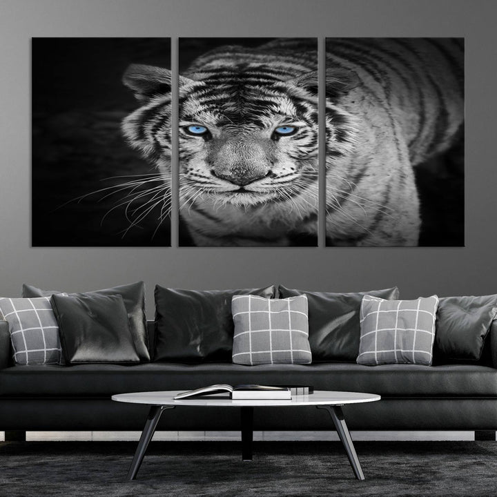 Large Wall Art Animal Canvas PrintBlue Eyed Tiger on Black Background