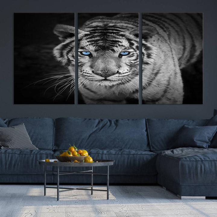 Large Wall Art Animal Canvas PrintBlue Eyed Tiger on Black Background