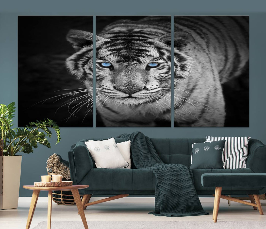 Large Wall Art Animal Canvas PrintBlue Eyed Tiger on Black Background