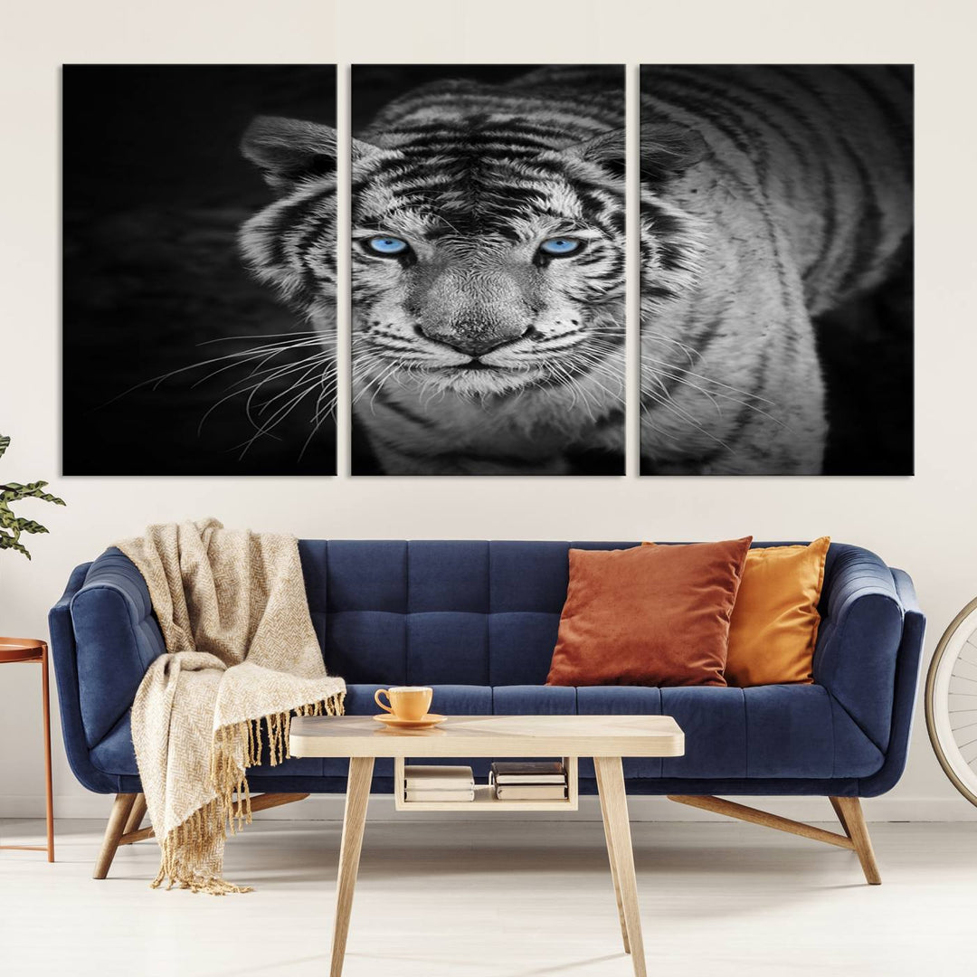 Large Wall Art Animal Canvas PrintBlue Eyed Tiger on Black Background