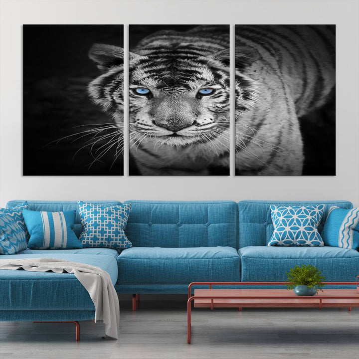 Large Wall Art Animal Canvas PrintBlue Eyed Tiger on Black Background