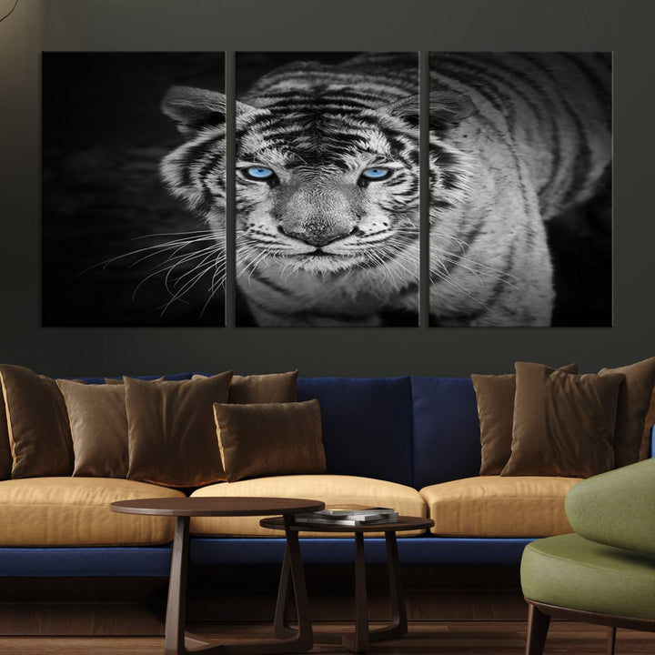 Large Wall Art Animal Canvas PrintBlue Eyed Tiger on Black Background