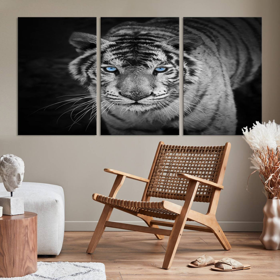 Large Wall Art Animal Canvas PrintBlue Eyed Tiger on Black Background