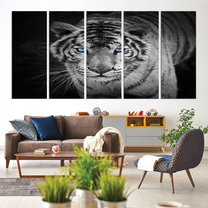 Large Wall Art Animal Canvas PrintBlue Eyed Tiger on Black Background