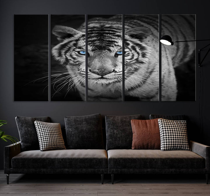 Large Wall Art Animal Canvas PrintBlue Eyed Tiger on Black Background