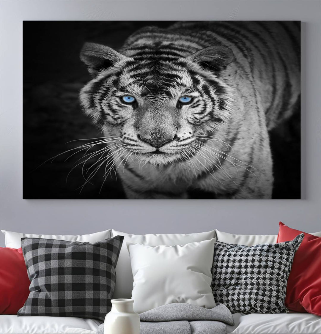 Large Wall Art Animal Canvas PrintBlue Eyed Tiger on Black Background