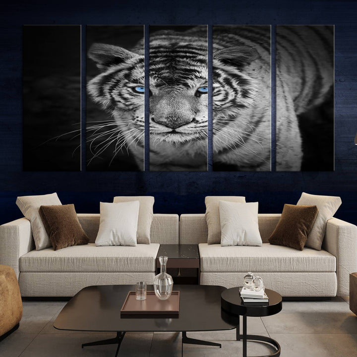 Large Wall Art Animal Canvas PrintBlue Eyed Tiger on Black Background