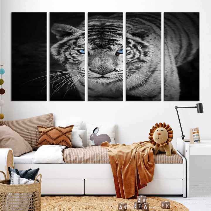 Large Wall Art Animal Canvas PrintBlue Eyed Tiger on Black Background