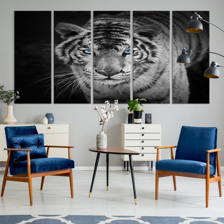 Large Wall Art Animal Canvas PrintBlue Eyed Tiger on Black Background