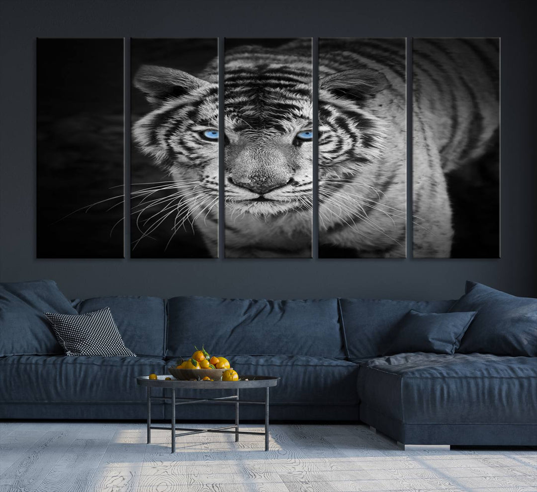 Large Wall Art Animal Canvas PrintBlue Eyed Tiger on Black Background