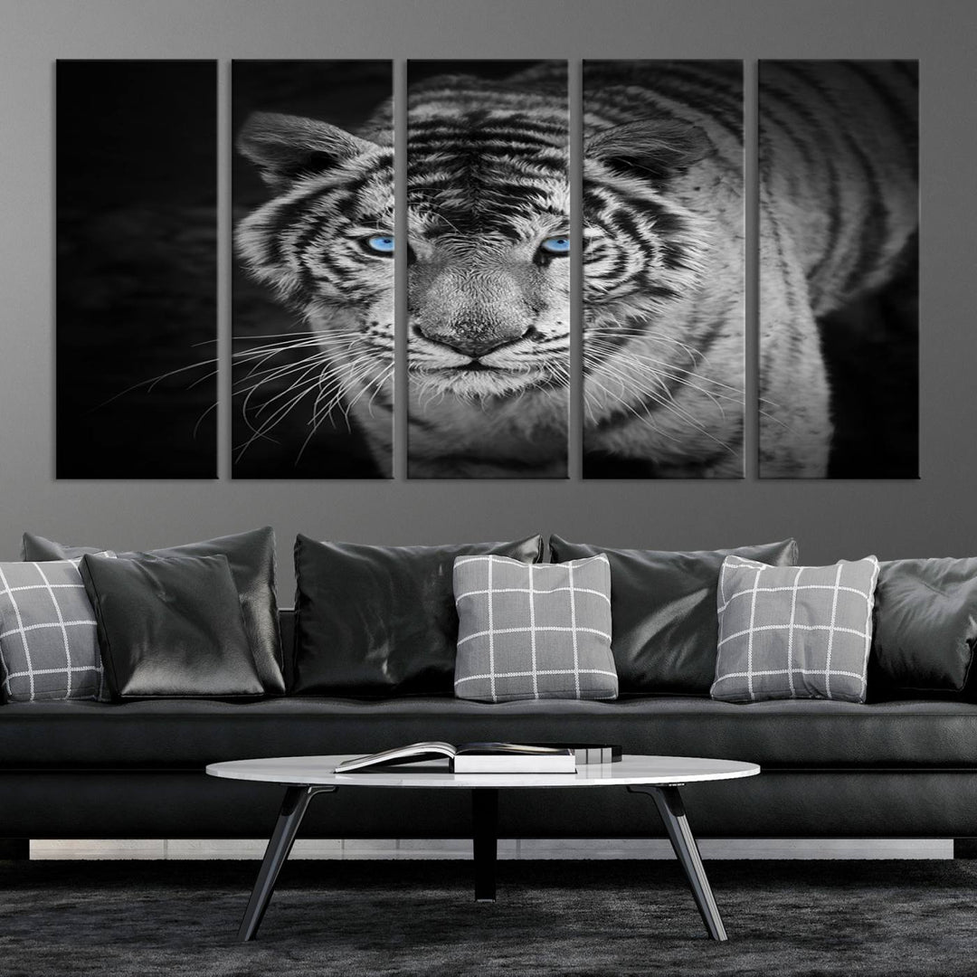 Large Wall Art Animal Canvas PrintBlue Eyed Tiger on Black Background