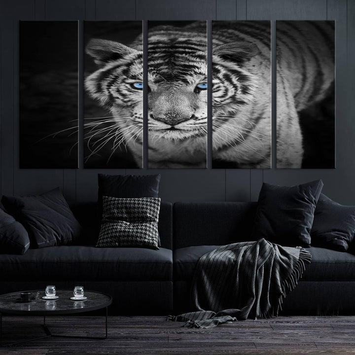 Large Wall Art Animal Canvas PrintBlue Eyed Tiger on Black Background