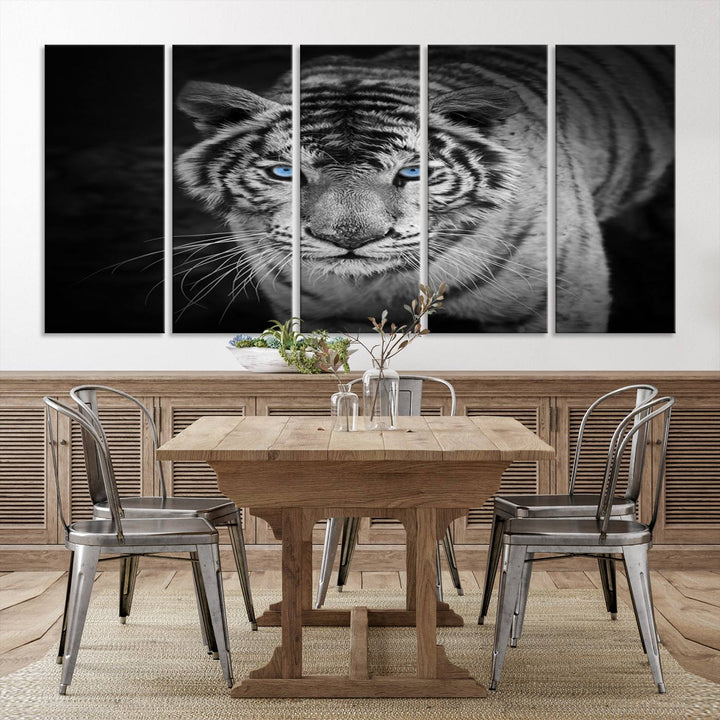 Large Wall Art Animal Canvas PrintBlue Eyed Tiger on Black Background