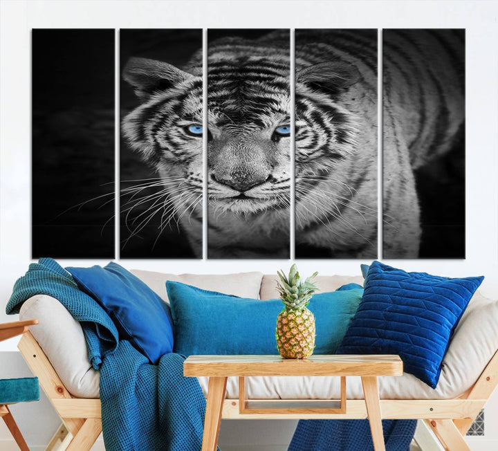 Large Wall Art Animal Canvas PrintBlue Eyed Tiger on Black Background