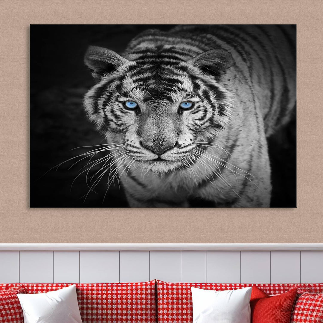 Large Wall Art Animal Canvas PrintBlue Eyed Tiger on Black Background