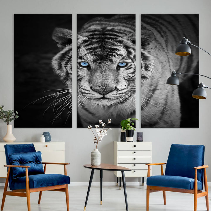 Large Wall Art Animal Canvas PrintBlue Eyed Tiger on Black Background