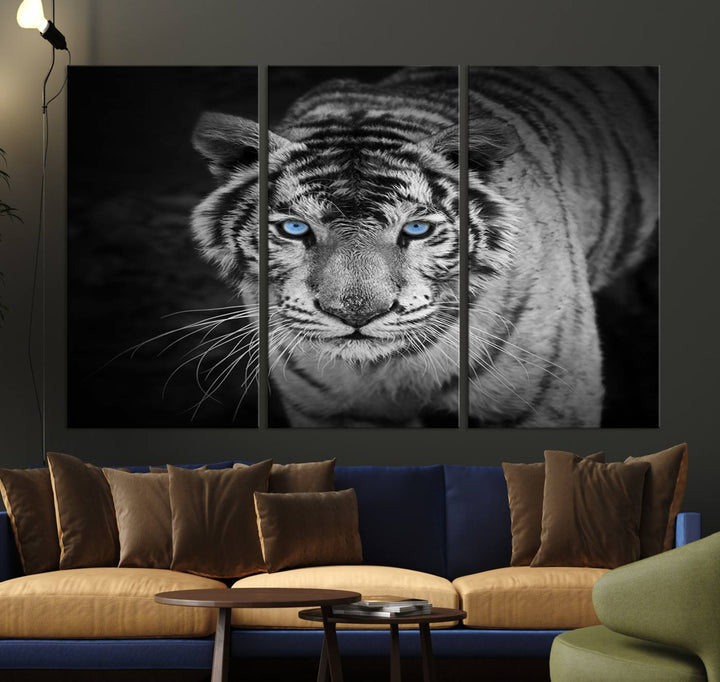 Large Wall Art Animal Canvas PrintBlue Eyed Tiger on Black Background