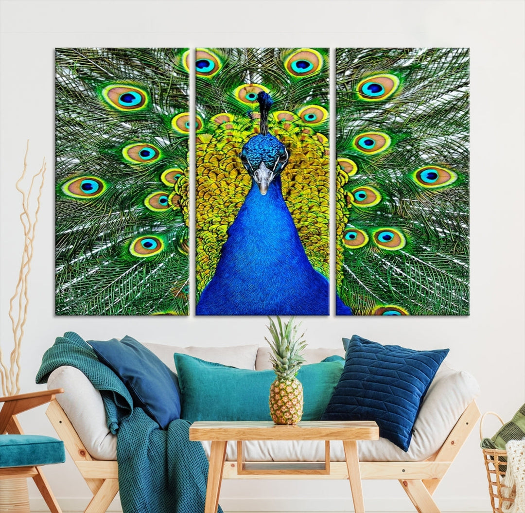 Large Wall Art Animal Canvas PrintBlue Peacock with Colorful Wings