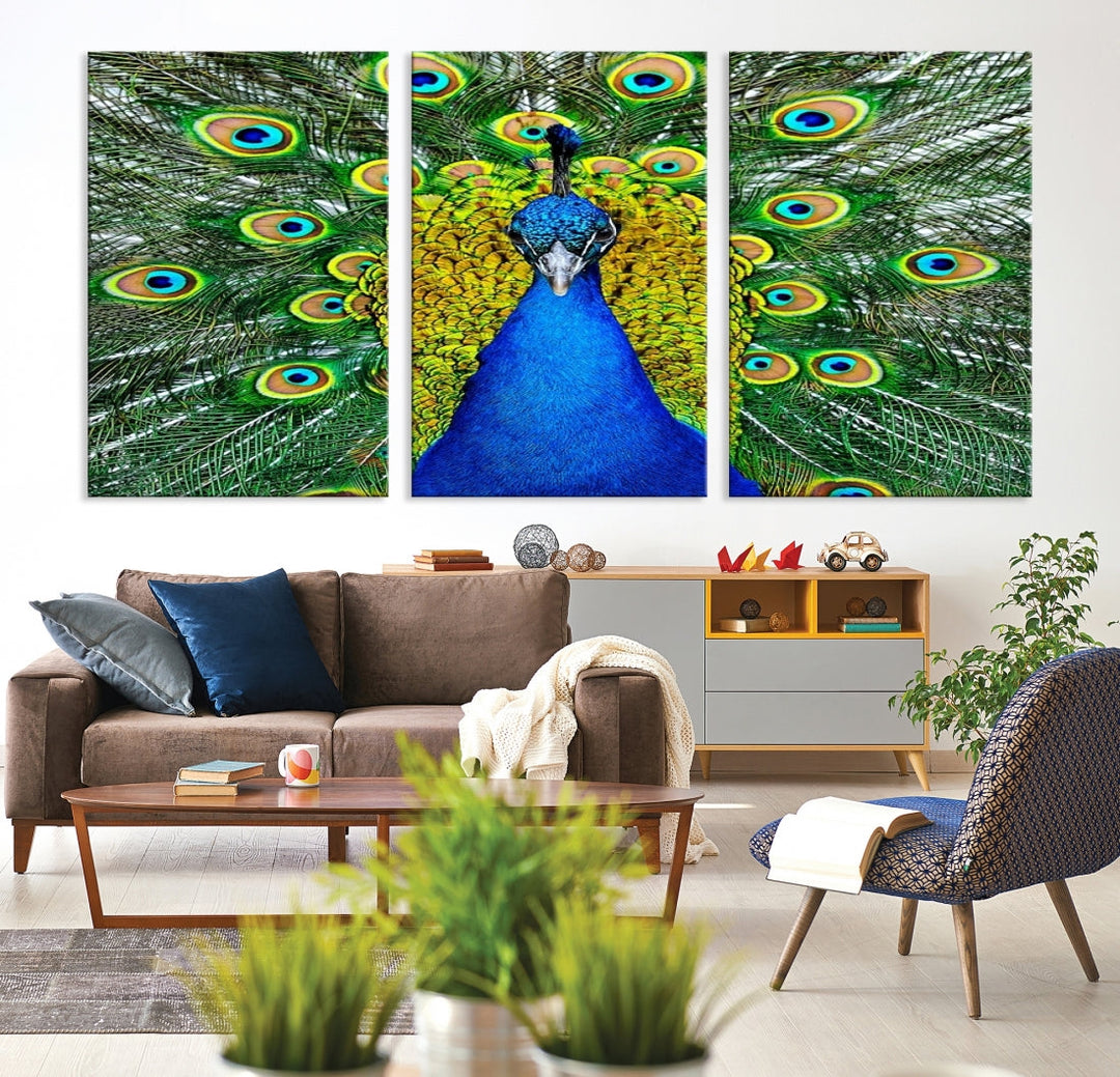 Large Wall Art Animal Canvas PrintBlue Peacock with Colorful Wings