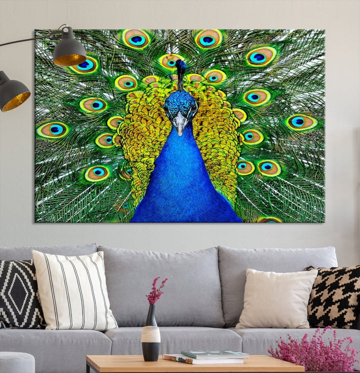 Large Wall Art Animal Canvas PrintBlue Peacock with Colorful Wings