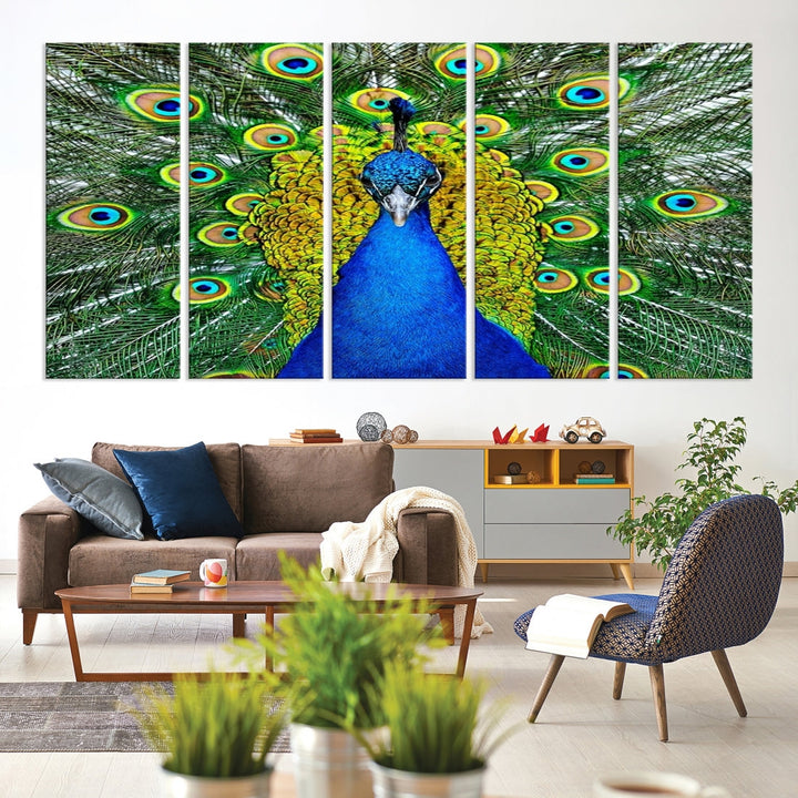 Large Wall Art Animal Canvas PrintBlue Peacock with Colorful Wings