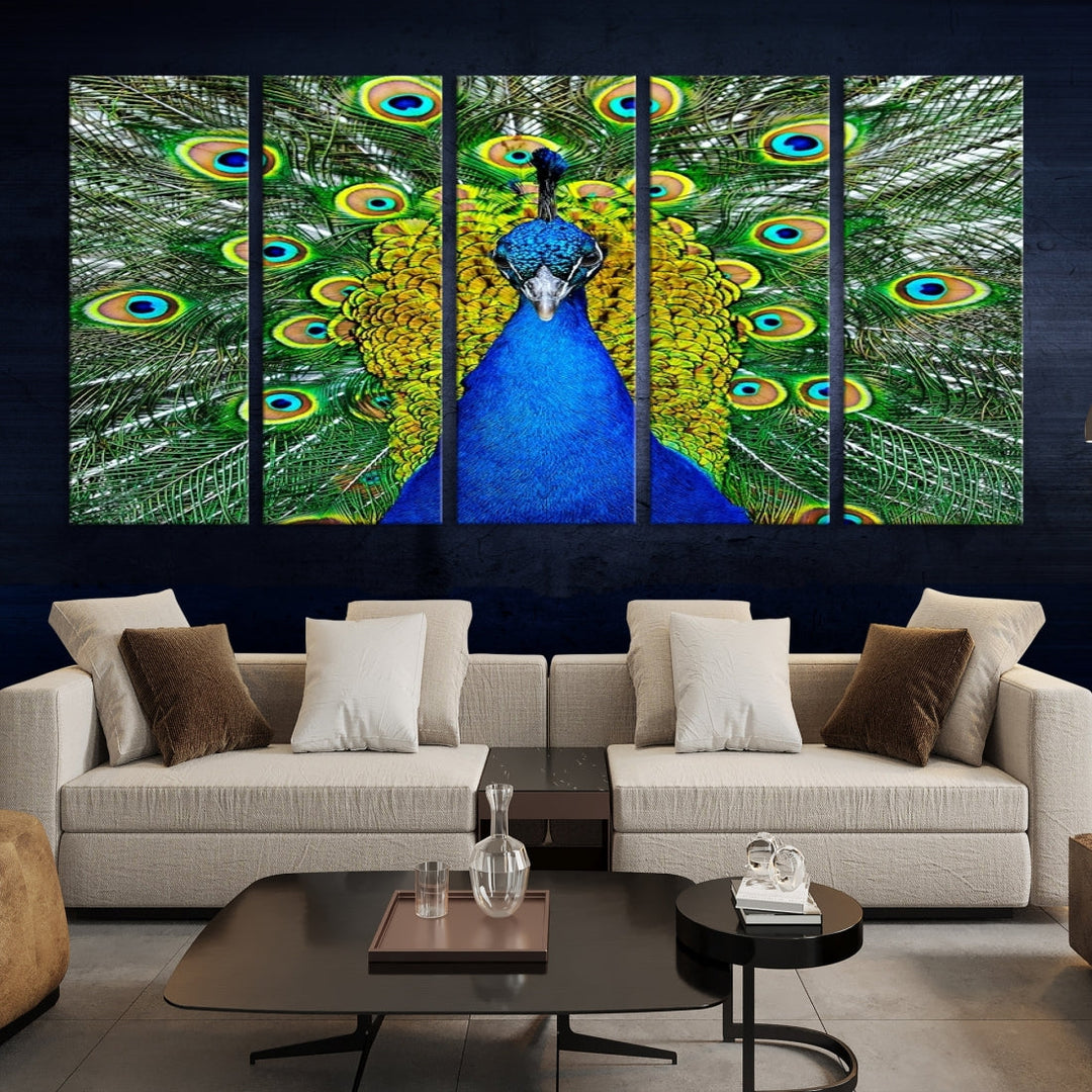 Large Wall Art Animal Canvas PrintBlue Peacock with Colorful Wings