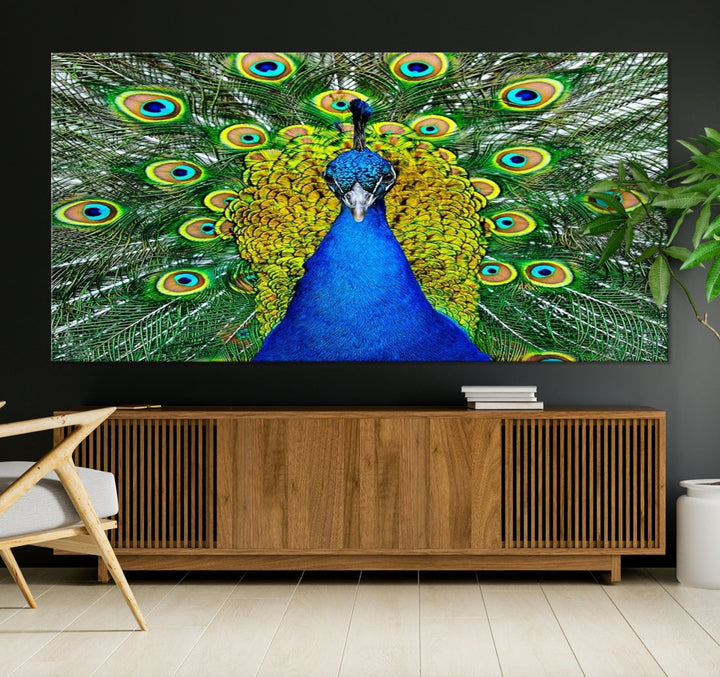 Large Wall Art Animal Canvas PrintBlue Peacock with Colorful Wings