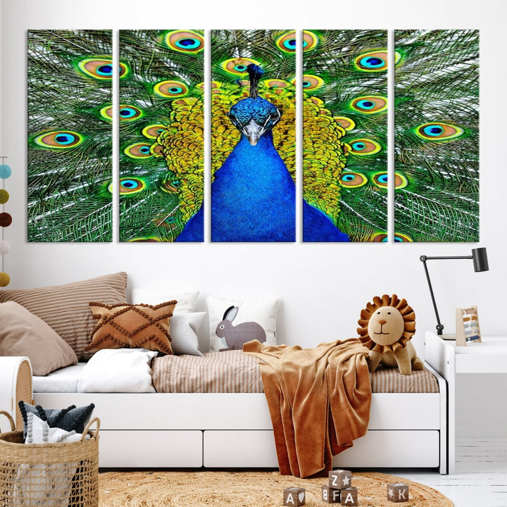 Large Wall Art Animal Canvas PrintBlue Peacock with Colorful Wings