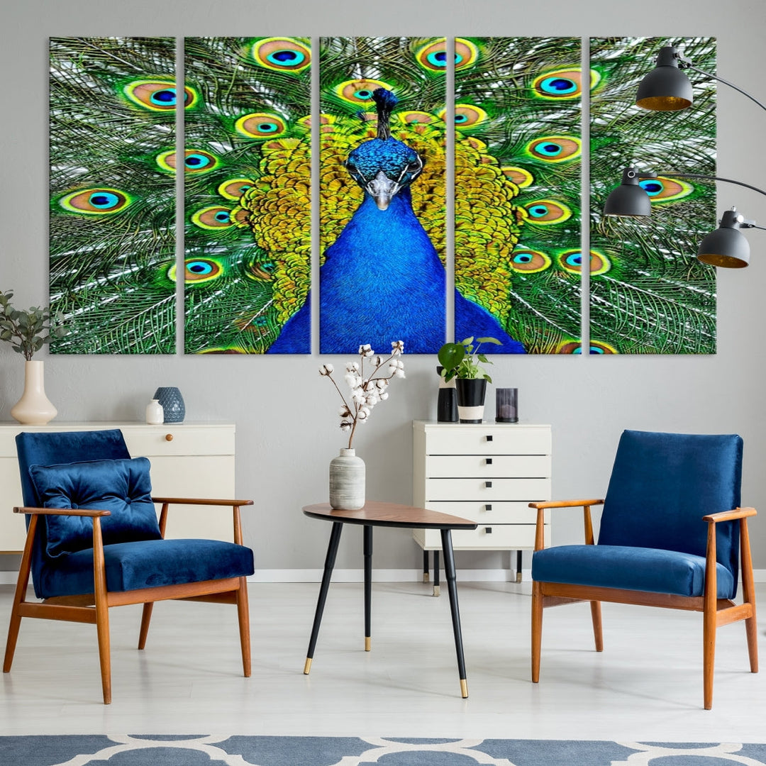 Large Wall Art Animal Canvas PrintBlue Peacock with Colorful Wings