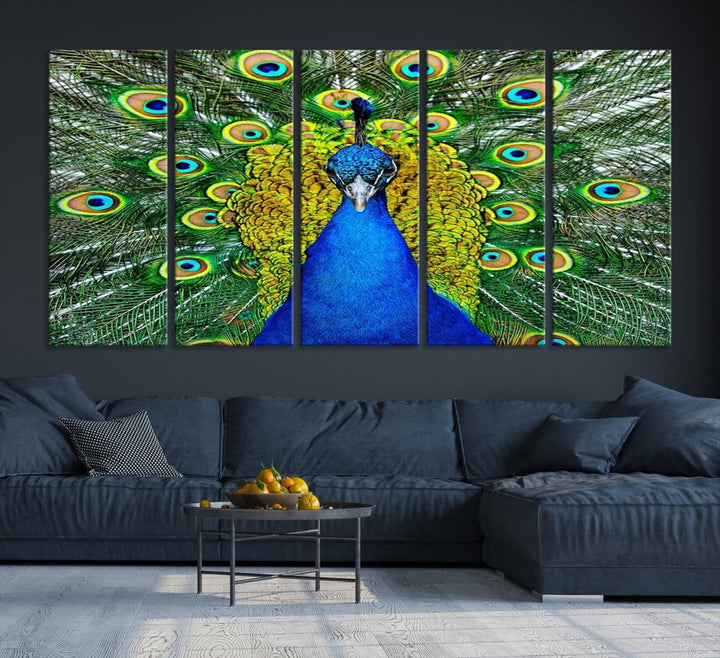 Large Wall Art Animal Canvas PrintBlue Peacock with Colorful Wings