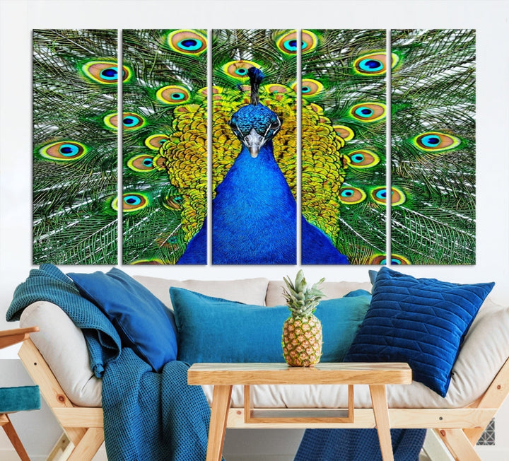 Large Wall Art Animal Canvas PrintBlue Peacock with Colorful Wings