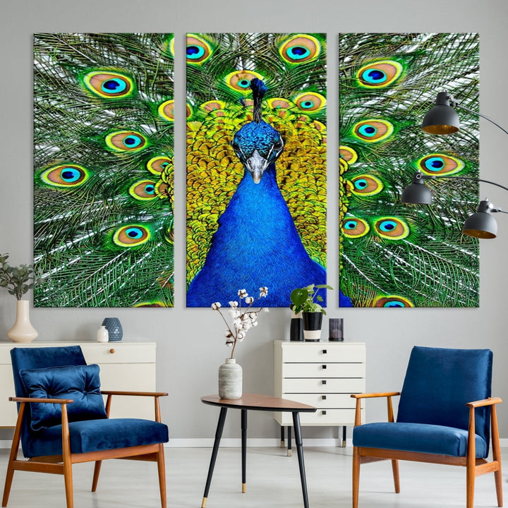 Large Wall Art Animal Canvas PrintBlue Peacock with Colorful Wings