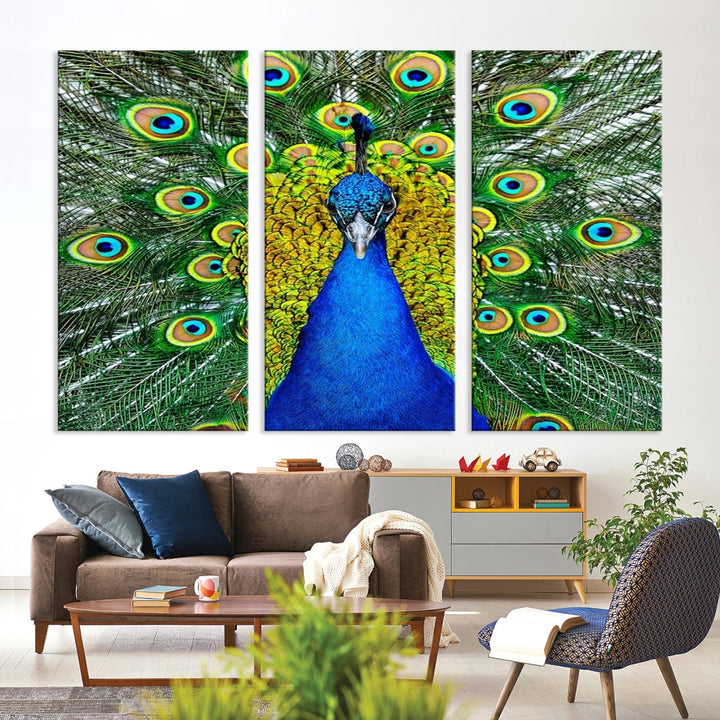 Large Wall Art Animal Canvas PrintBlue Peacock with Colorful Wings