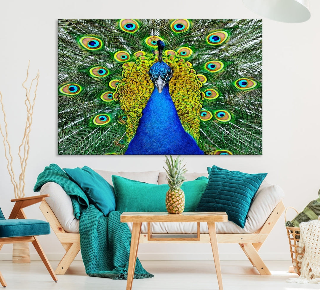 Large Wall Art Animal Canvas PrintBlue Peacock with Colorful Wings