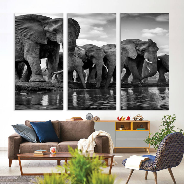 Large Wall Art Animal Canvas PrintElephant Herd Drinking Water