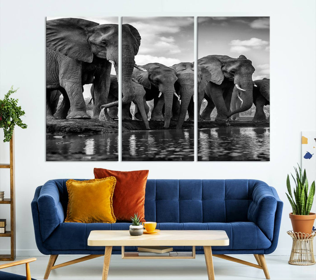 Large Wall Art Animal Canvas PrintElephant Herd Drinking Water