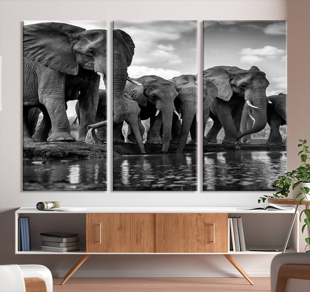 Large Wall Art Animal Canvas PrintElephant Herd Drinking Water