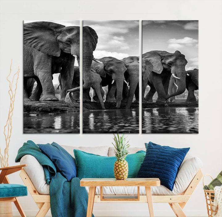 Large Wall Art Animal Canvas PrintElephant Herd Drinking Water