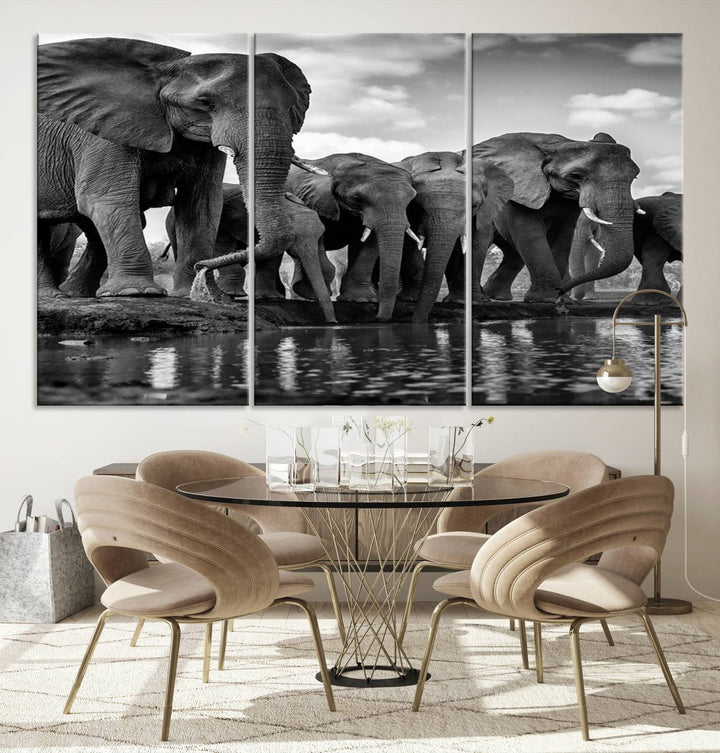 Large Wall Art Animal Canvas PrintElephant Herd Drinking Water