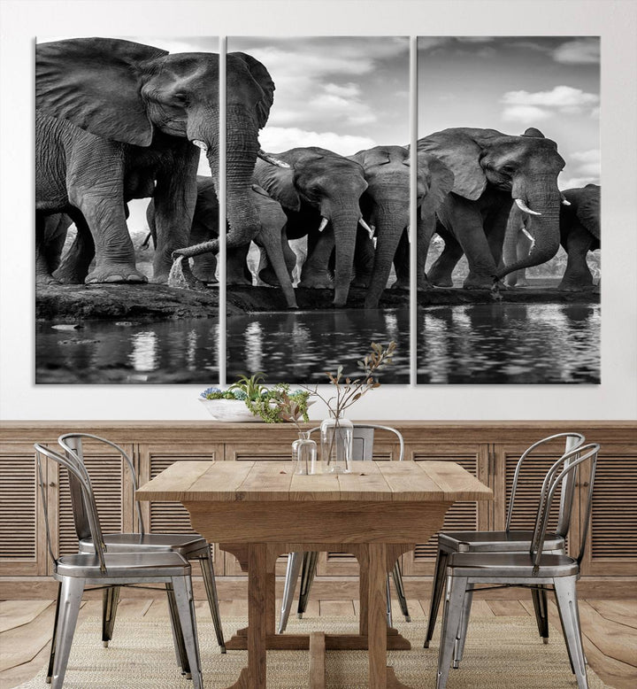 Large Wall Art Animal Canvas PrintElephant Herd Drinking Water