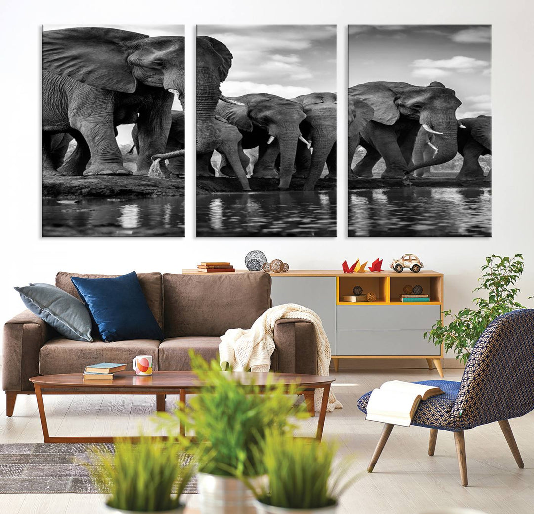 Large Wall Art Animal Canvas PrintElephant Herd Drinking Water