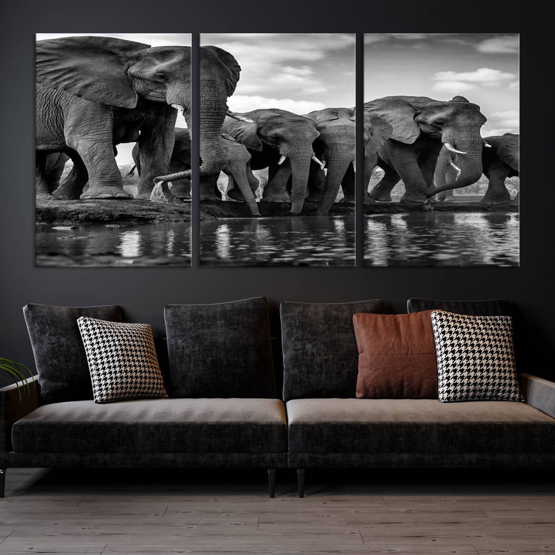 Large Wall Art Animal Canvas PrintElephant Herd Drinking Water