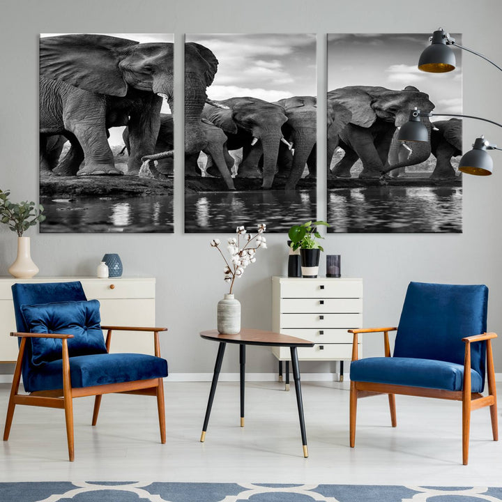 Large Wall Art Animal Canvas PrintElephant Herd Drinking Water