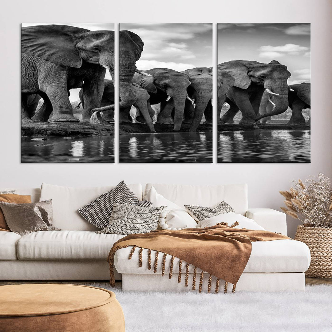 Large Wall Art Animal Canvas PrintElephant Herd Drinking Water