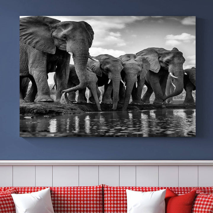 Large Wall Art Animal Canvas PrintElephant Herd Drinking Water