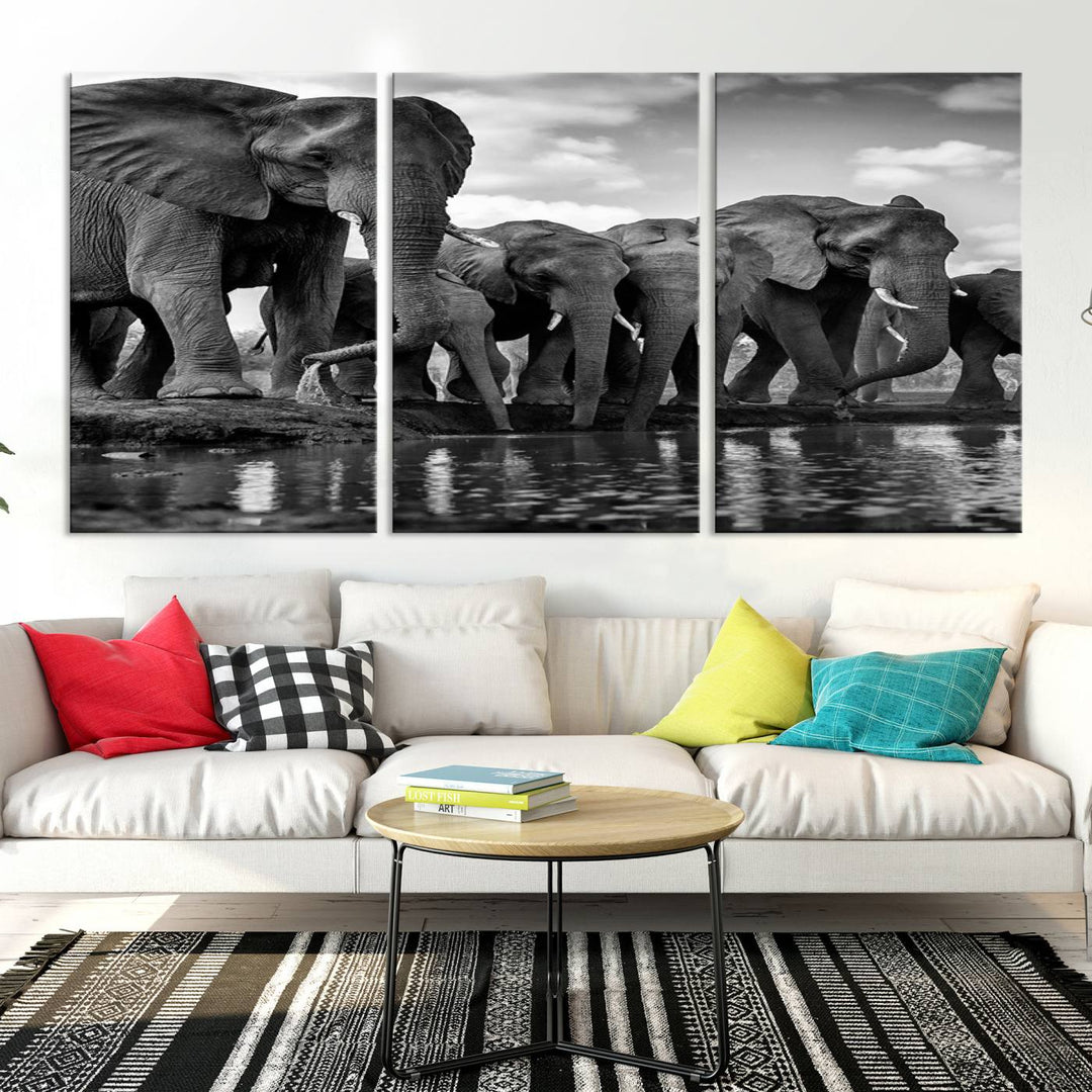 Large Wall Art Animal Canvas PrintElephant Herd Drinking Water