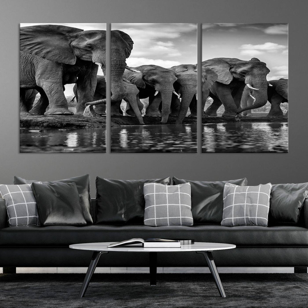 Large Wall Art Animal Canvas PrintElephant Herd Drinking Water