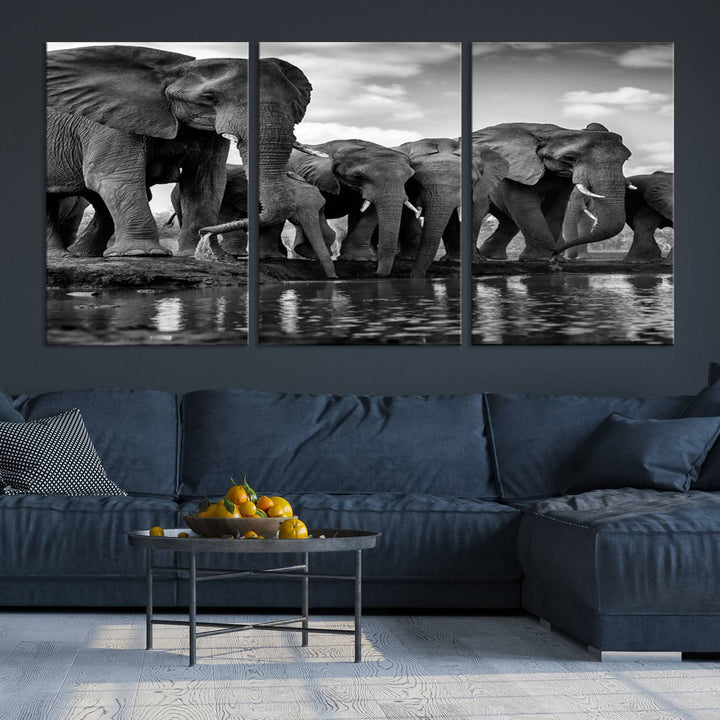 Large Wall Art Animal Canvas PrintElephant Herd Drinking Water