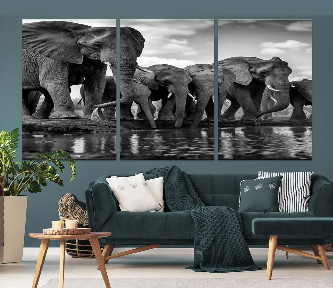 Large Wall Art Animal Canvas PrintElephant Herd Drinking Water